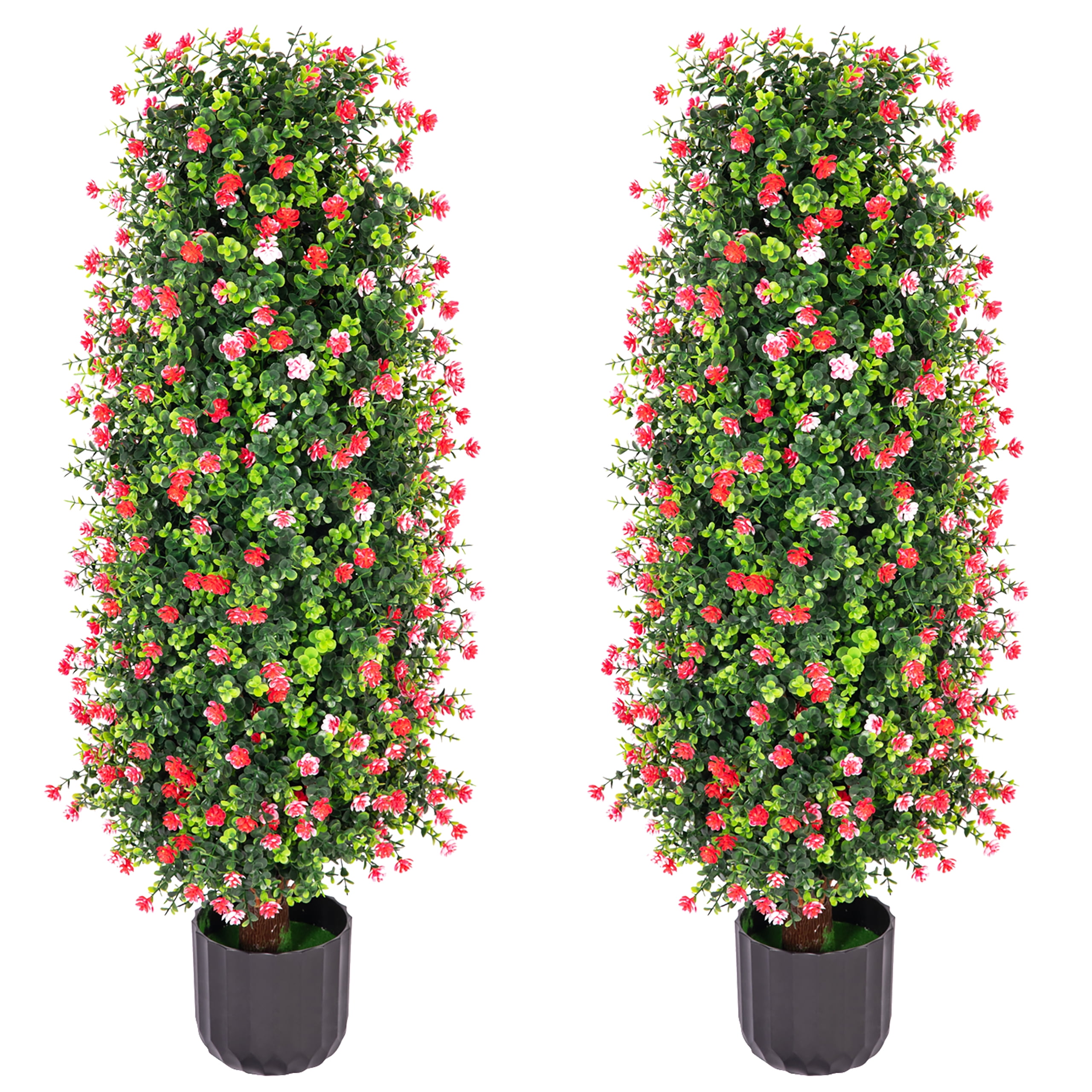 Bibana Artificial Rose Tree 3FT- Fake Floral Plant Tree in Pot- Decorative Topiary Plant - Cement Filled Potted Faux Flower Plant for Home Office Porch Decor Indoor Outdoor(set of 2)