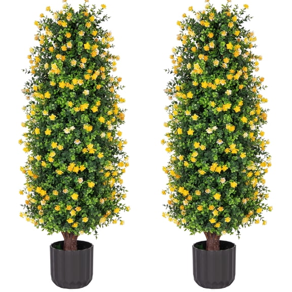 Bibana Artificial Rose Tree 3FT- Fake Floral Plant Tree in Pot- Decorative Topiary Plant - Cement Filled Potted Faux Flower Plant for Home Office Porch Decor Indoor Outdoor(set of 2)