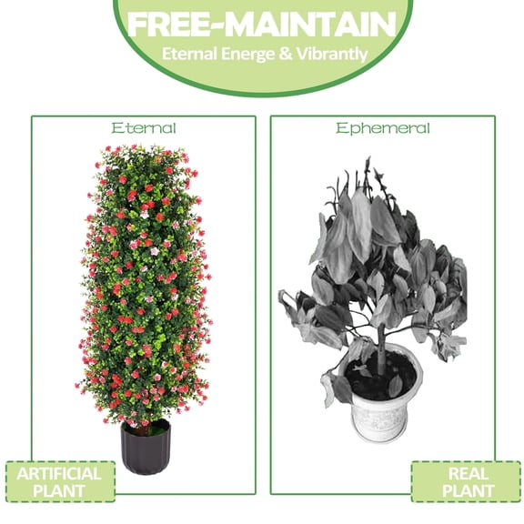 Bibana Artificial Rose Tree 3FT- Fake Floral Plant Tree in Pot- Decorative Topiary Plant - Cement Filled Potted Faux Flower Plant for Home Office Porch Decor Indoor Outdoor(set of 2)