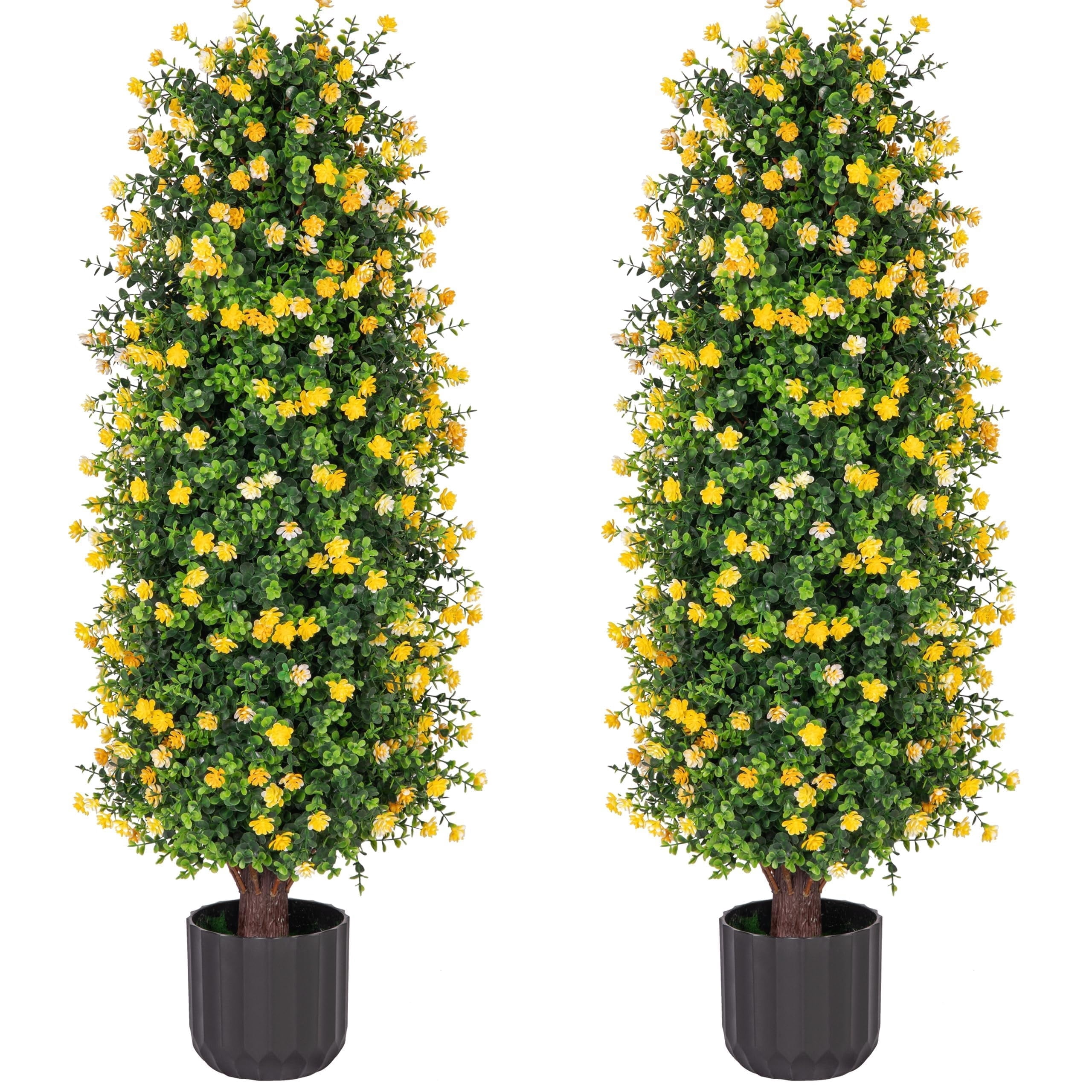 Bibana Artificial Rose Tree 3FT- Fake Floral Plant Tree in Pot- Decorative Topiary Plant - Cement Filled Potted Faux Flower Plant for Home Office Porch Decor Indoor Outdoor(set of 2)
