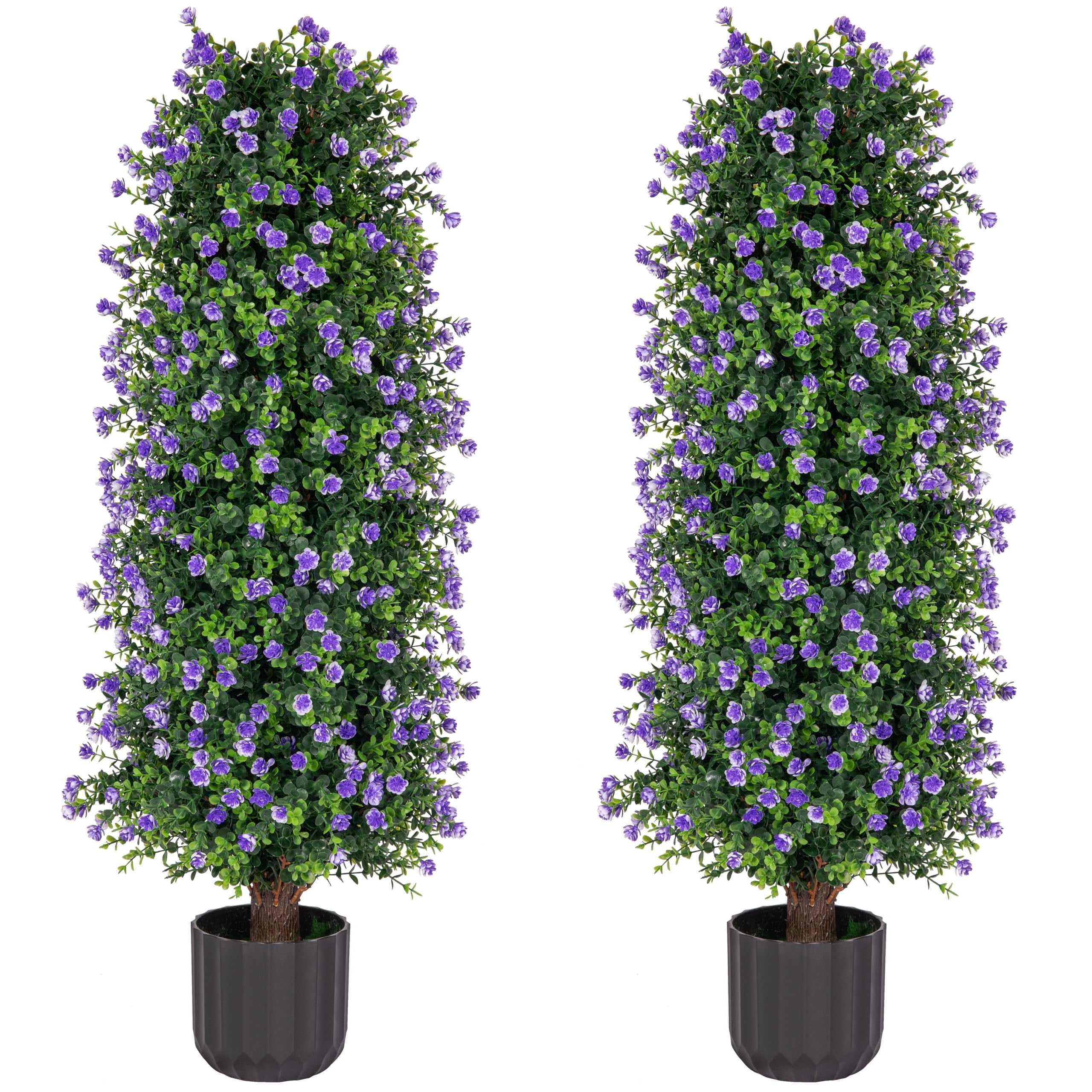 Bibana Artificial Rose Tree 3FT- Fake Floral Plant Tree in Pot- Decorative Topiary Plant - Cement Filled Potted Faux Flower Plant for Home Office Porch Decor Indoor Outdoor(set of 2)