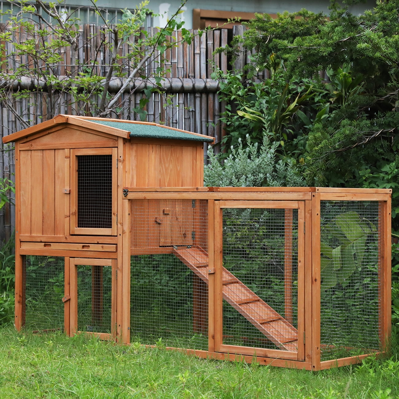Bibana Chicken Coop Large Wooden Outdoor Bunny Rabbit Hutch Hen Cage with Ventilation Door, Removable Tray & Ramp Garden Backyard Pet House Chicken Nesting Box