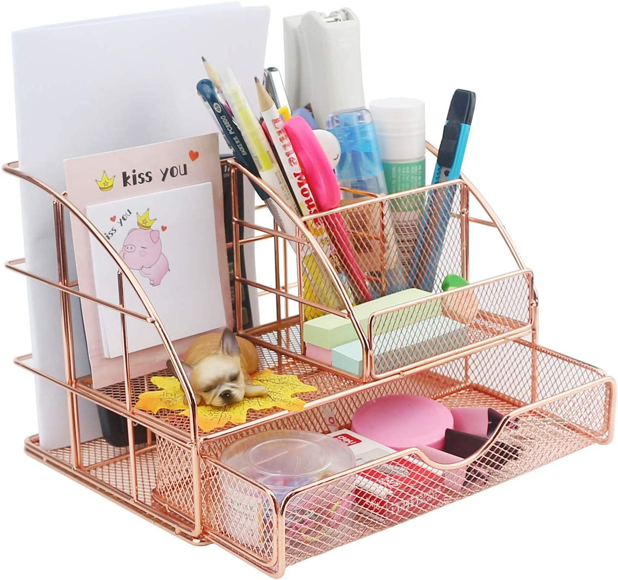 Bibana Mesh Desk Organizer, Desktop Storage with 6 Compartments for Office Supplies (Rose Gold - 9" X 6" X 6")