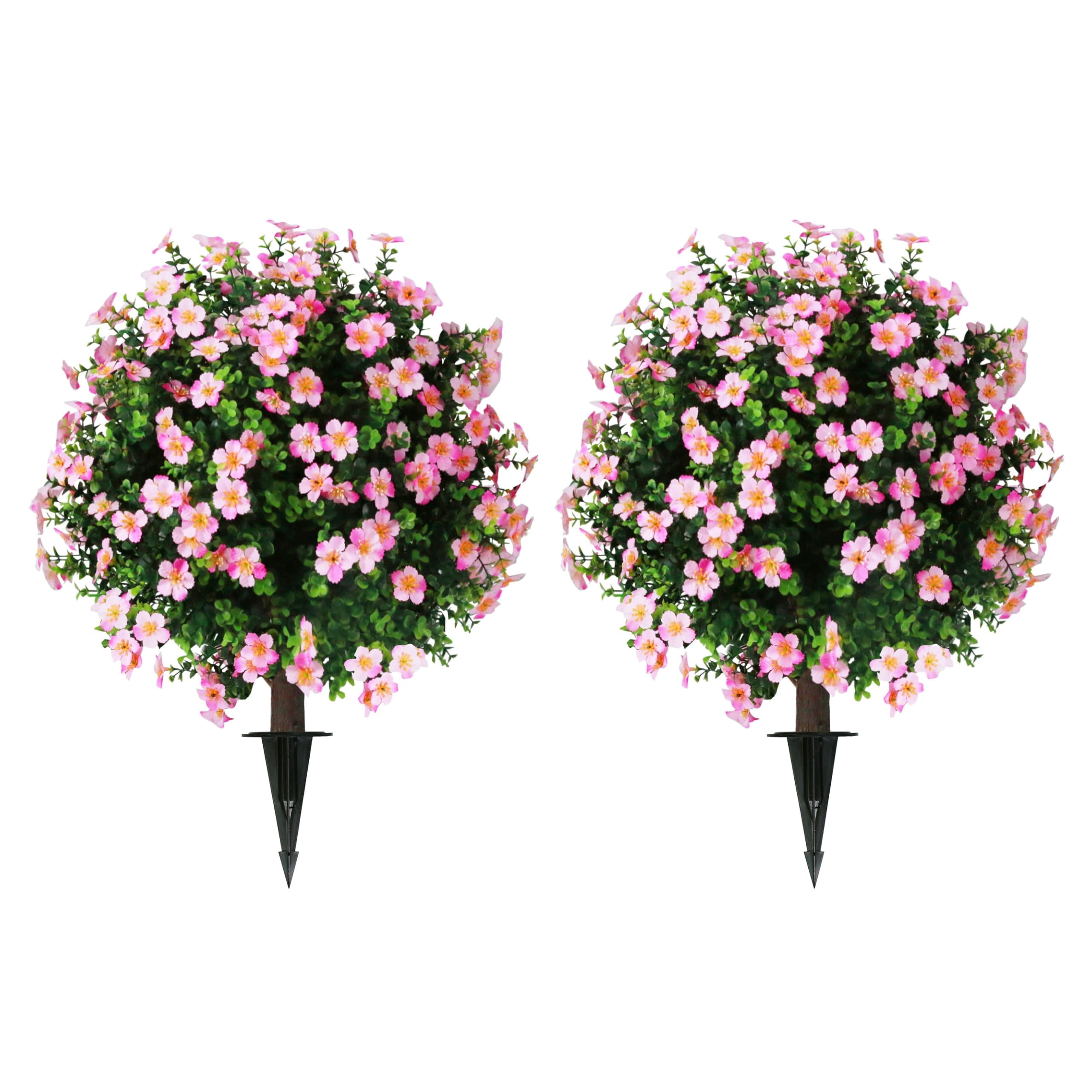 Bibana Set of 2 Artificial Boxwood Topiary Ball Trees with Pink Flower, Faux Shrub Bushes with Ground Spike 25.5", UV Resistant Fake Boxwood Plants for Indoor, Garden, Porch, Patio Decor