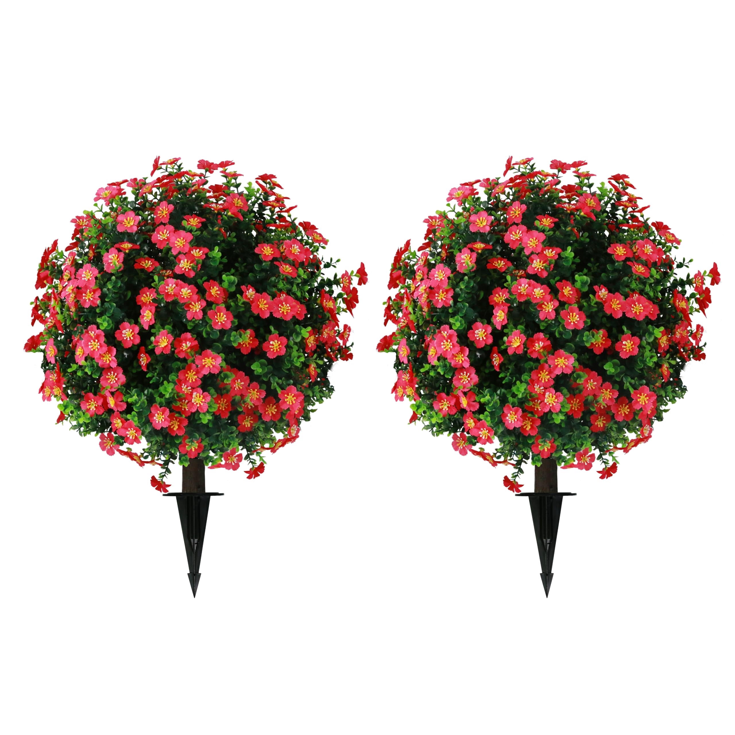 Bibana Set of 2 Artificial Boxwood Topiary Ball Trees with Red Flower, Faux Shrub Bushes with Ground Spike 25.5", UV Resistant Fake Boxwood Plants for Indoor, Garden, Porch, Patio Decor