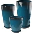thumbnail image 1 of Bibana Set of 3 Blue Glossy Planters (24", 21", 10"), Indoor Outdoor Round Plastic Flower Pots with Drainage Hole & Saucer, Lightweight Imitation Porcelain Decorative Planters for Home Garden Porch, 1 of 11
