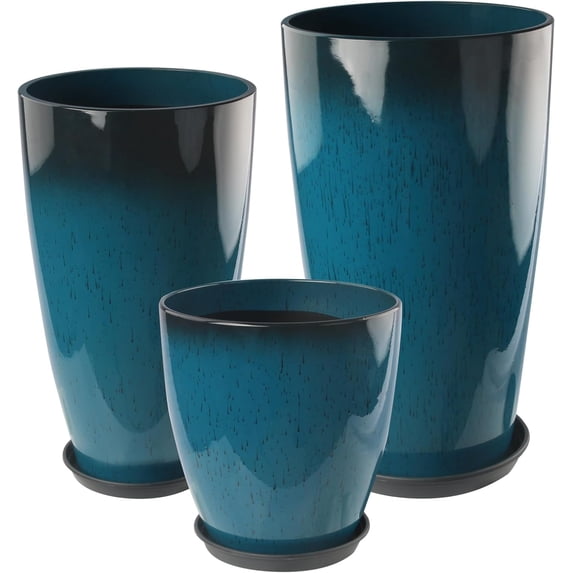 Bibana Set of 3 Blue Glossy Planters (24", 21", 10"), Indoor Outdoor Round Plastic Flower Pots with Drainage Hole & Saucer, Lightweight Imitation Porcelain Decorative Planters for Home Garden Porch