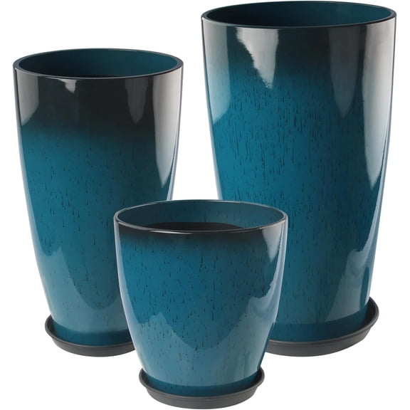 Bibana Set of 3 Blue Glossy Planters (24", 21", 10"), Indoor Outdoor Round Plastic Flower Pots with Drainage Hole & Saucer, Lightweight Imitation Porcelain Decorative Planters for Home Garden Porch