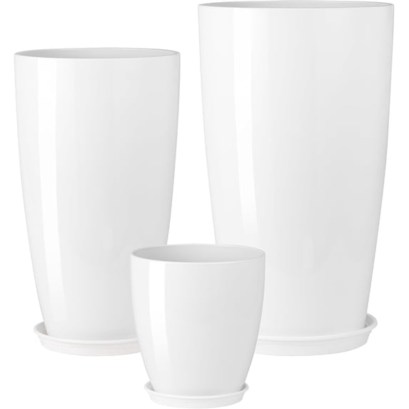 Bibana Set of 3 White Glossy Planters (24", 21", 10"), Indoor Outdoor Round Plastic Flower Pots with Drainage Hole & Saucer, Lightweight Imitation Porcelain Decorative Planters for Home Garden Porch