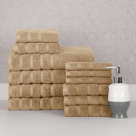 Bibb Home 12 Piece Zero Twist Egyptian Cotton Towel Set - 6 Colors - Linen