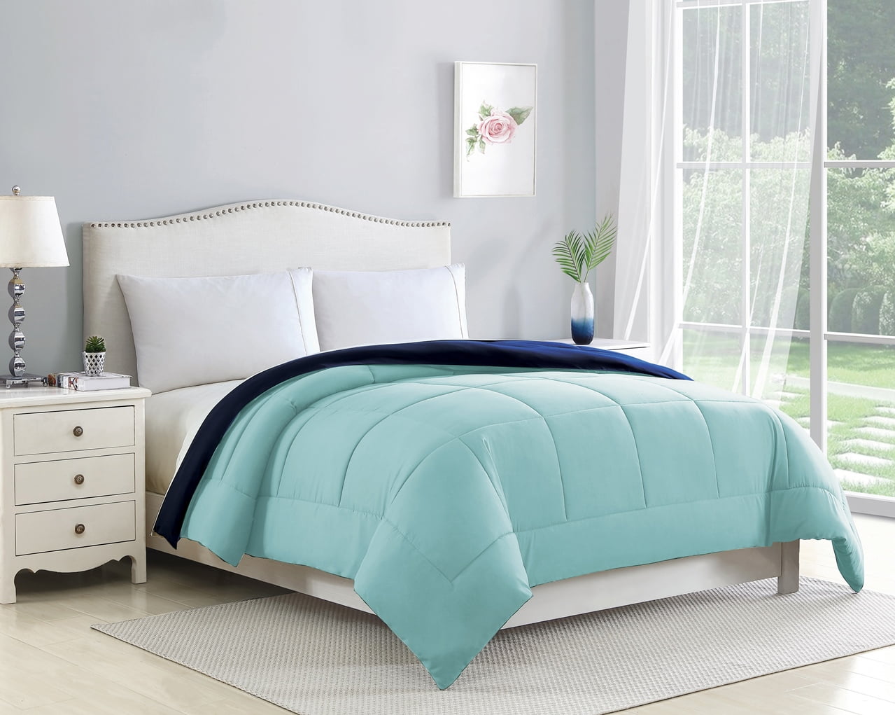Bibb Home 2-Tone Reversible Down Alternative Comforter - 4 Colors - Navy/Aqua - Full/Queen