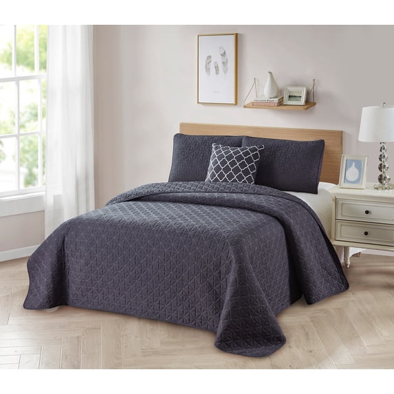 Bibb Home 4 Piece Solid Quilt Set with Cushion - 6 Colors - Grey - Twin