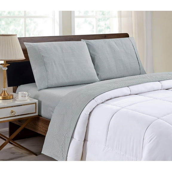 Bibb Home Egyptian Luxury 1800 Count Printed 4 Piece Sheet Set - 8 Designs - Grey Stripes - Twin