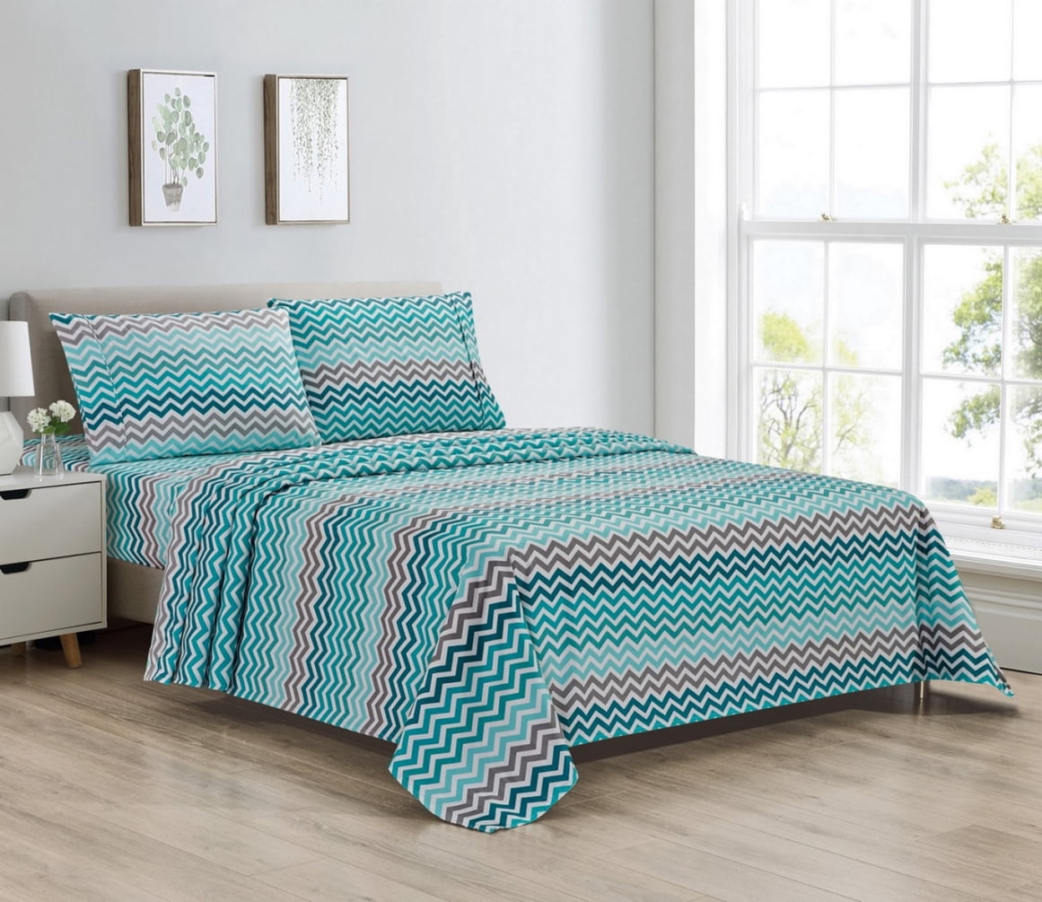 Aqua Chevron Full Size Egyptian Cotton Bamboo Microfiber Sheet Set