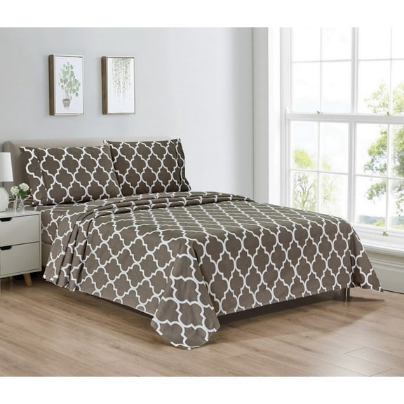 Bibb Home Queen Size Egyptian Luxury 1800 Thread Count Printed Sheet Set, Gray Trellis - 4 Piece
