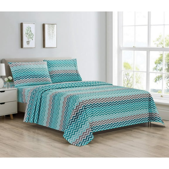 Bibb Home  Twin Size Egyptian Luxury 1800 Thread Count Printed Sheet Set, Aqua Chevron - 4 Piece