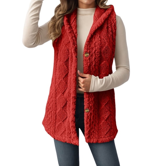 Bibfish Womens Jackets Reversible Hooded Button Down Front Cardigan Jacket Vest Solid Color Soft Cable Knit Fall Winter Outerwear