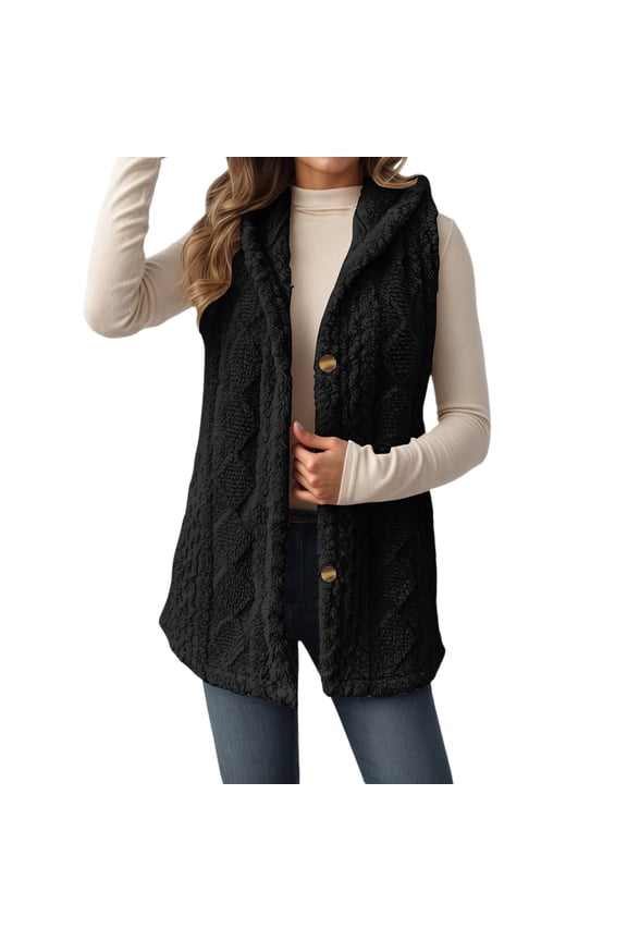 Bibfish Womens Jackets Reversible Hooded Button Down Front Cardigan Jacket Vest Solid Color Soft Cable Knit Fall Winter Outerwear