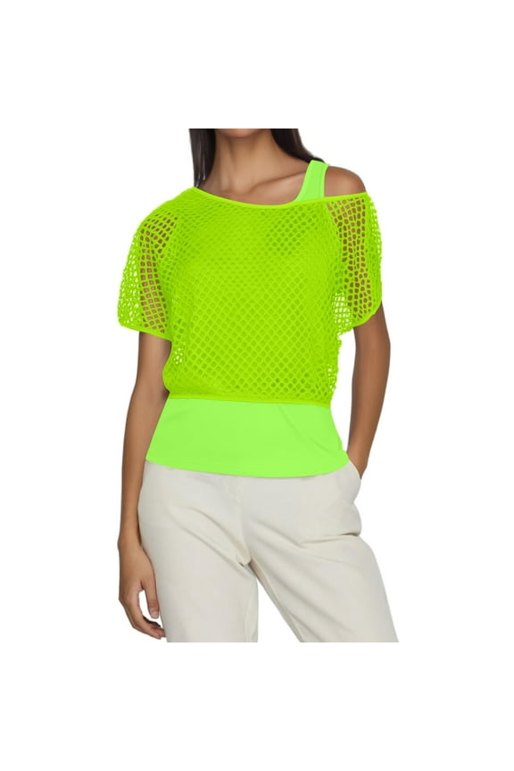 Bibfish Womens T-Shirts 80S Neon Fishnet Short Sleeve Tee Tops Comfortable Retro Style Stylish Party Clubwear Loose Fit T-Shirts