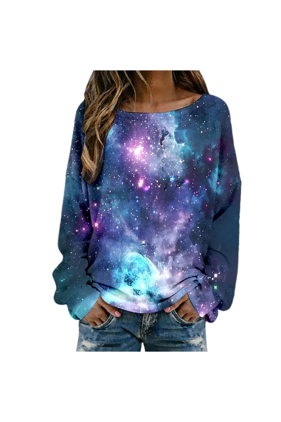 Bibfish Womens T-Shirts Carnival Cosmic Starry Night Knit Ribbed Tee Tops Stylish Graphic Comfortable Long Sleeve Trendy Pullover Tops