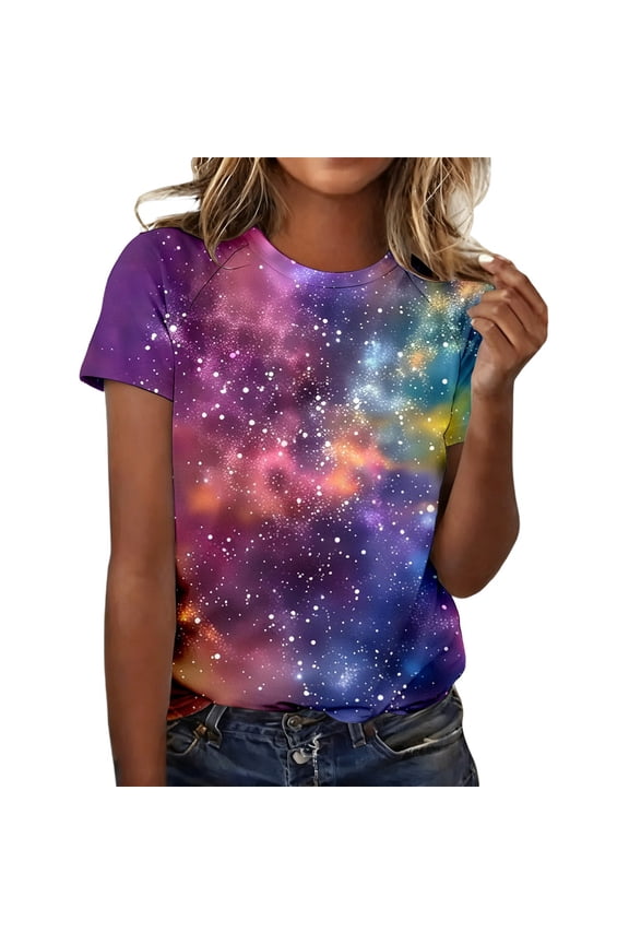 Bibfish Womens T-Shirts Cosmic Galaxy Print Raglan Sleeve Tee Tops Stylish Graphic Tee Tops Crew Neck Summer Vacation Trendy Tops