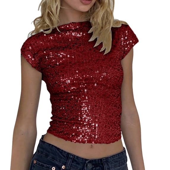 Bibfish Womens T-Shirts Sparkle Backless Short Sleeve Tee Slim Fit Party Night Out Sequin Tops Ladies Carnival Fashion Outfits
