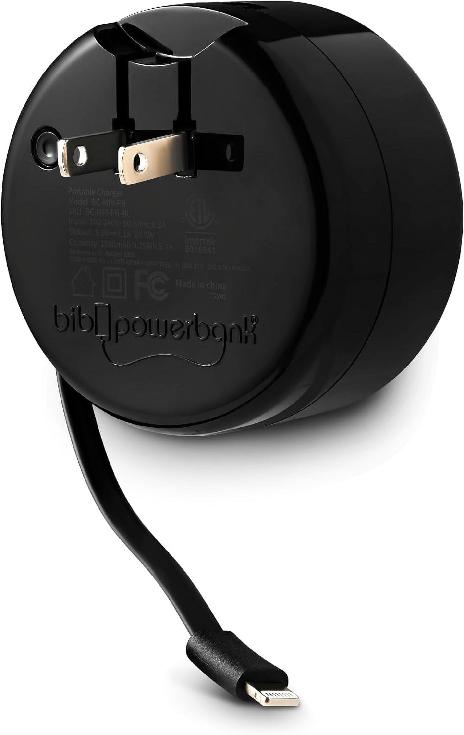 Bibicord 3-in-1 Retractable Lightning Cable, Wall Charger & Power Bank, Compatible with iPhone 14/13/12 (Black)
