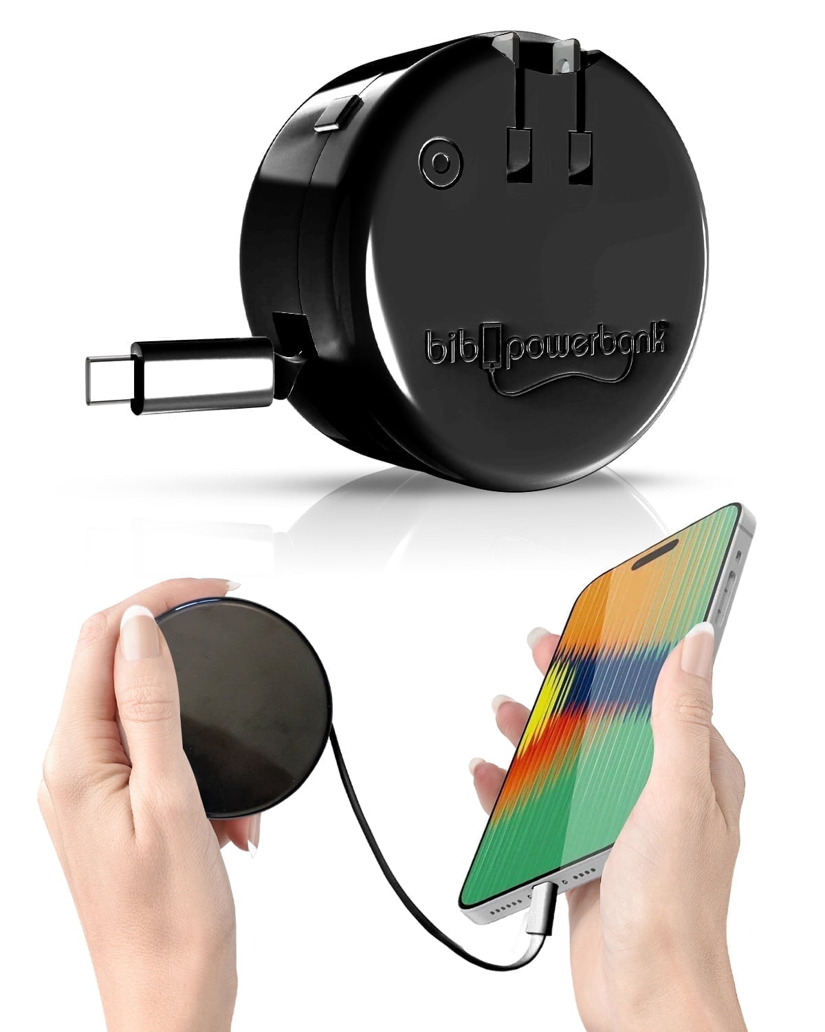 Bibicord 3-in-1 Retractable USB-C Wall Charger and Power Bank, for iPhone 15/16/17 and iPad/iPod, Black