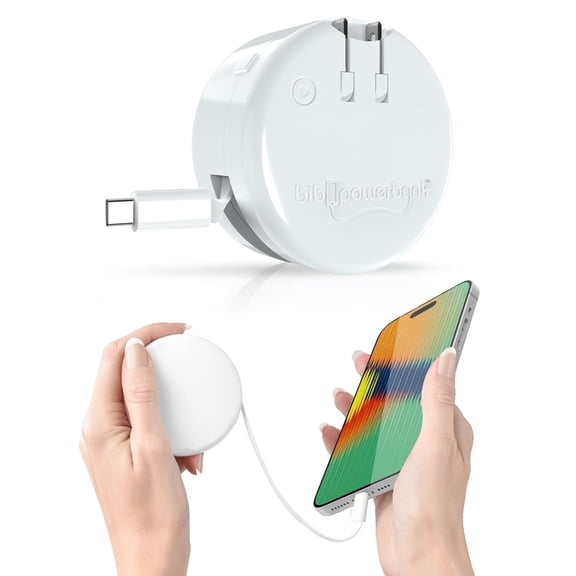 Bibicord 3-in-1 Retractable USB-C Type C Wall Charger & Power Bank, Compatible with iPhone 15/16/17, New iPods & iPads (White)