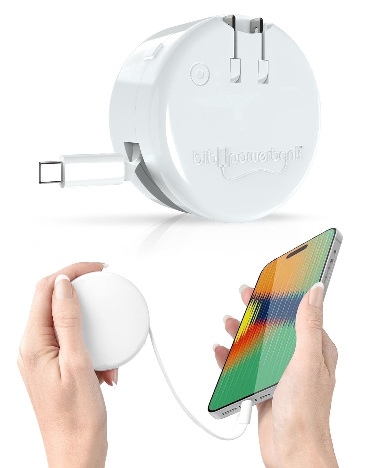 Bibicord 3-in-1 Retractable USB-C Type C Wall Charger & Power Bank, Compatible with iPhone 15/16/17, New iPods & iPads (White)