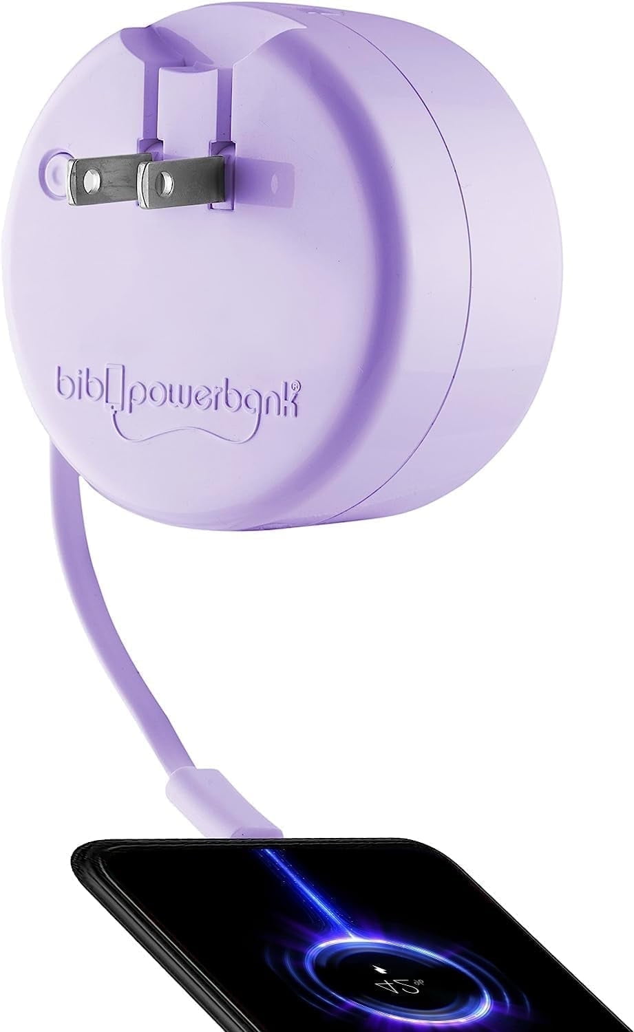Bibicord 3-in-1 Retractable USB-C Type C Wall Charger & Power Bank, Compatible with iPhone 15/16/17, New iPods & iPads (Light Purple)