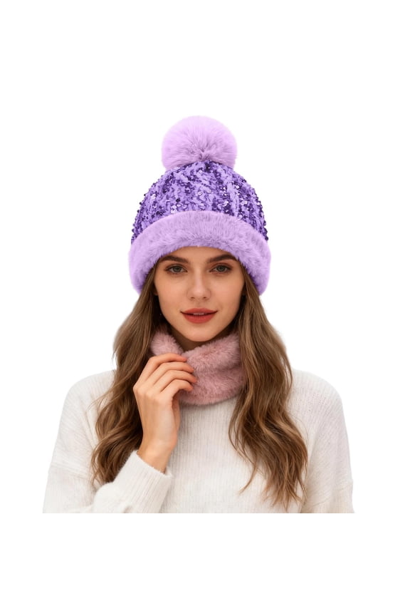 2 PCS Scarf Hat Sets For Women Carnival Warm Fuzzy Neck Warmer And Matching Glitter Beanie Hat Winter Thermal Soft Yarn Scarf Hat Sets