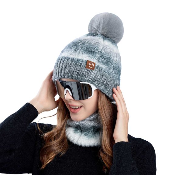 Bibifish 2 PCS Scarf Hat Sets For Women Winter Warm Gradient Color Knitted Neck Warmer And Matching Beanie Hat Lined Thermal Scarf Hat Sets