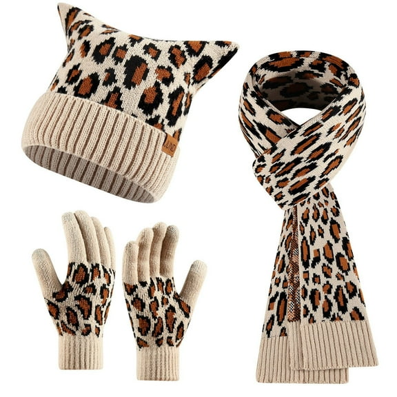 Bibifish 3 PCS Scarf Hat Glove Sets For Women Leopard Print Winter Warm Cat Ear Beanie Hats With Matching Gloves And Scarves For Cold Weather