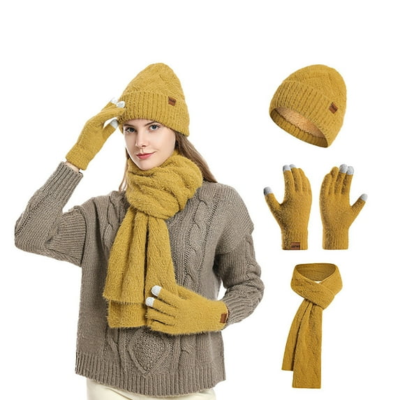 Bibifish 3 PCS Scarf Hat Glove Sets For Women Touchscreen Gloves Beanie Hats And Scarves Soft Knitted Winter Thermal Scarf Hat Glove Sets For Ladies