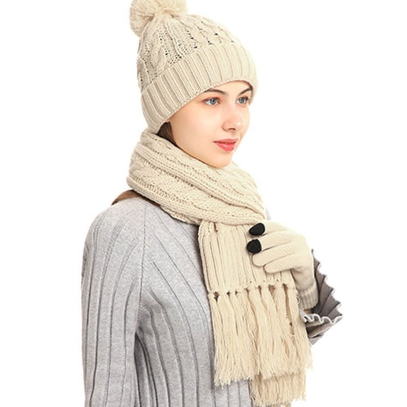 Bibifish 3 PCS Scarf Hat Glove Sets For Women Winter Knitted Scarf Warm Soft Touchscreen Gloves And Hats Comfy Thermal Scarf Hat Glove Sets