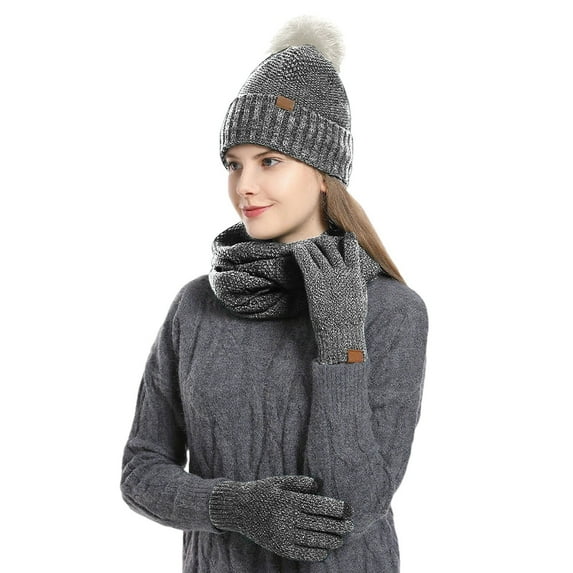 Bibifish 3 PCS Scarf Hat Glove Sets For Women Winter Knitted Scarves Touchscreen Mittens And Matching Beanie Hats Cold Weather Scarf Hat Glove Sets