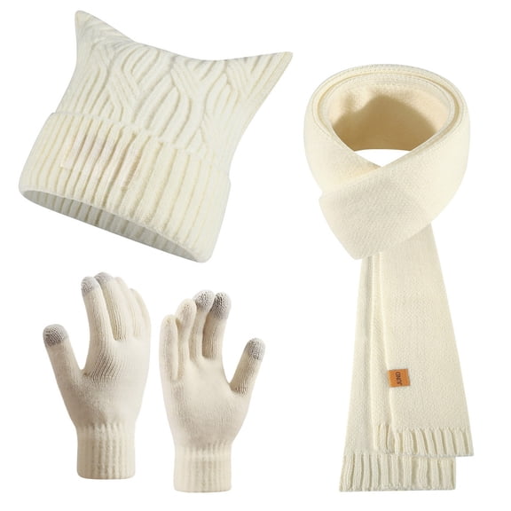 Bibifish 3 PCS Scarf Hat Glove Sets For Women Winter Warm Knitted Cat Ear Beanie Hats Knitted Scarf With Matching Gloves For Cold Weather
