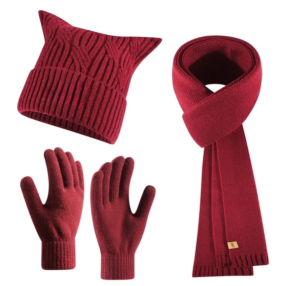 Bibifish 3 PCS Scarf Hat Glove Sets For Women Winter Warm Knitted Cat Ear Beanie Hats Knitted Scarf With Matching Gloves For Cold Weather