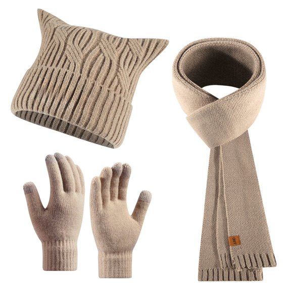 Bibifish 3 PCS Scarf Hat Glove Sets For Women Winter Warm Knitted Cat Ear Beanie Hats Knitted Scarf With Matching Gloves For Cold Weather