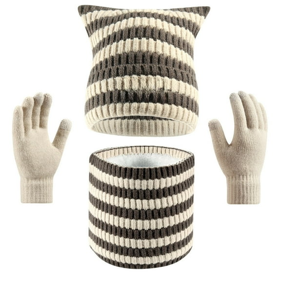 Bibifish 3 PCS Scarf Hat Glove Sets For Women Winter Warm Knitted Cat Ear Hat Lined Neck Warmers Gloves Soft Thermal Cold Weather Outfits