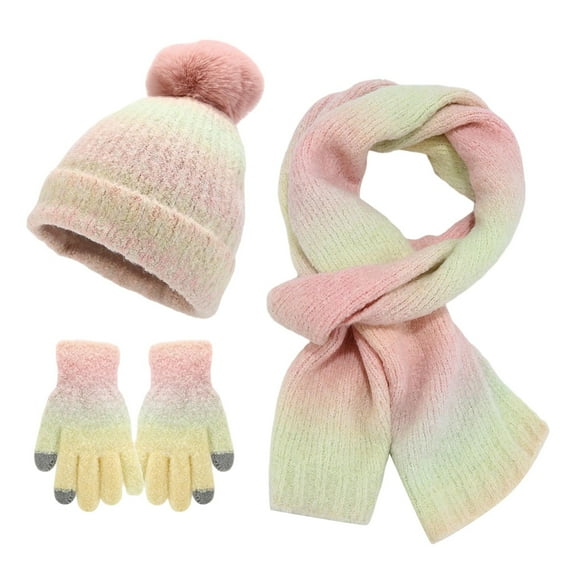 Bibifish 3 PCS Scarf Hat Gloves Sets For Womens Hat Scarf Gloves Trendy Gradient Color Three Piece Cold Weather Thermal Hat Sets