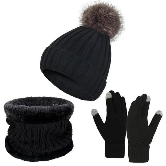 Bibifish 3 PCS Scarf Hat Sets For Women Solid Color Stylish Three Piece Warm Comfort Sets Beanie Hat Gloves With Neck Warmer Cozy 3 PCS Hat Sets
