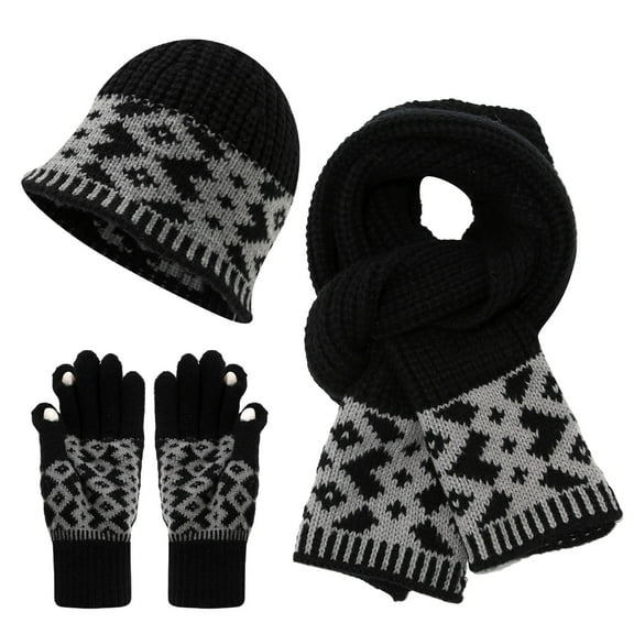 Bibifish 3pcs Knitted Hat Scarf Glove Sets For Men Women Diamond Pattern Beanie Hat Scarf Gloves Stylish Winter Outdoor Cold Weather Warm Accessory Sets