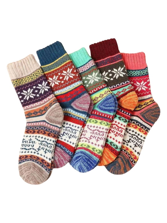 5 Pairs Womens Crew Socks Snowflake Pattern Mid Crew Socks Retro Fair Isle Thick Knit Soft Stretch Crew Socks