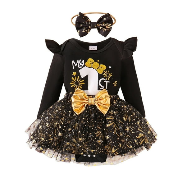 Bibifish Baby Girls 3 Piece 1st Birthday Set Black Bodysuit With MY 1ST Gold Print With Tutu Skirt And Headband Sparkly Star Soft Baby Wear Celebration Cute Outfit