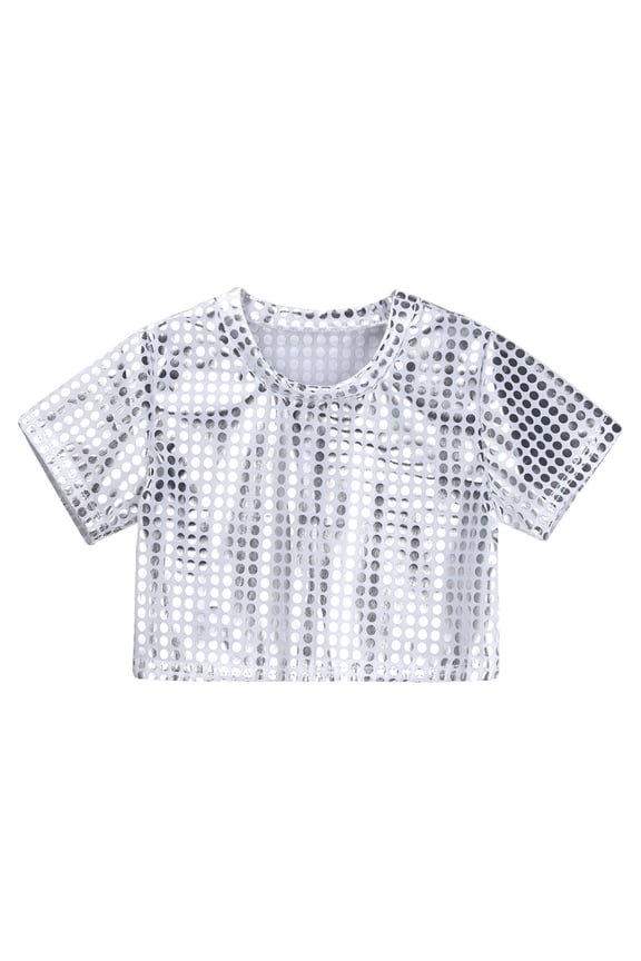 Bibifish Baby Girls Boys Solid Color Crop Tees Short Sleeve Crewneck Casual Sequin Glitter Party Carnival Gown Short Sleeves Tops