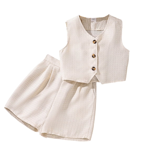 Bibifish Big Girls 2 Piece Formal Set Beige Textured Vest And Shorts Woven Fabric Adjustable Waist Kids Wear For Wedding Elegant Little Lady Outfits
