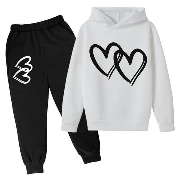 Bibifish Big Girls 2 Piece Jogger Set Black Hoodie And Pants Cozy Fleece Cute Graphic Print Kids School Outings Sweatsuit With Heart Print