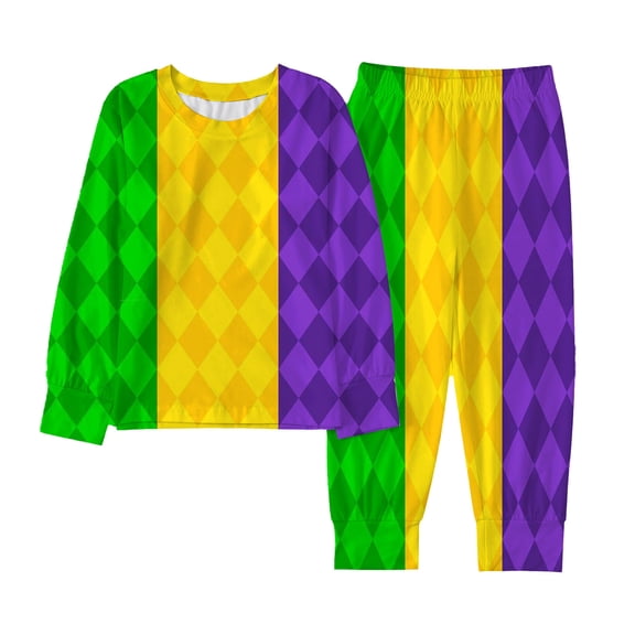 Bibifish Big Girls 2 Piece Mardi Gras Set Green Yellow Purple Diamond Print Top With Pants Soft Elastic Waist Homewear Kids Holiday Carnival Outfit Set